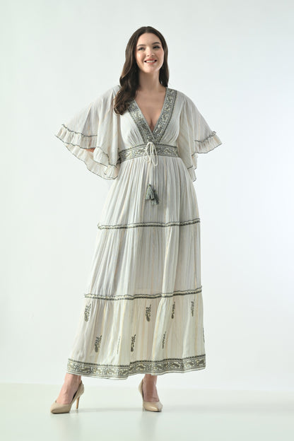 26434 Boho Embroidered Maxi Dress with Flutter Sleeves – V-Neck Tassel Tie Dress
