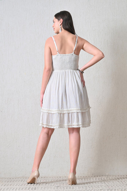 26448 Bohemian Smocked Mini Dress with Lace-Up Front & Embroidery Detail