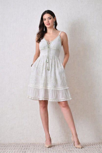 26448 Bohemian Smocked Mini Dress with Lace-Up Front & Embroidery Detail