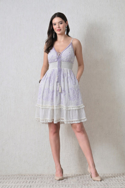 26448 Bohemian Smocked Mini Dress with Lace-Up Front & Embroidery Detail