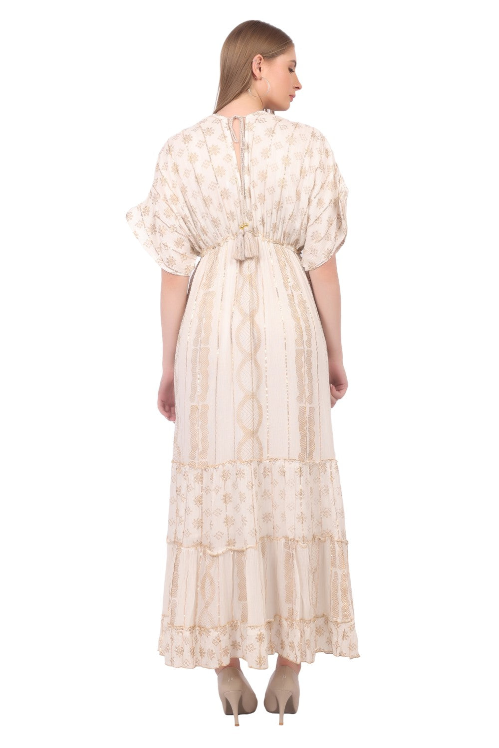 26477 Boho V-Neck Maxi Dress with Puff Sleeves & Tiered Hem