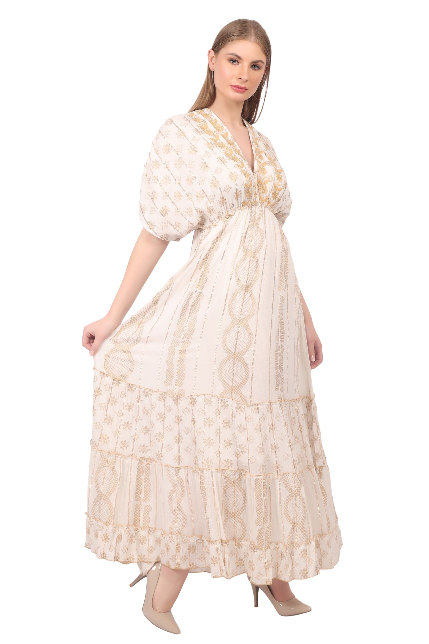 26477 Boho V-Neck Maxi Dress with Puff Sleeves & Tiered Hem
