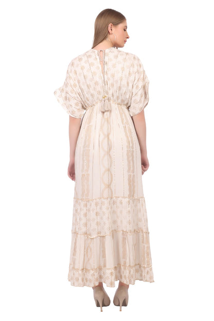 26477 Boho V-Neck Maxi Dress with Puff Sleeves & Tiered Hem