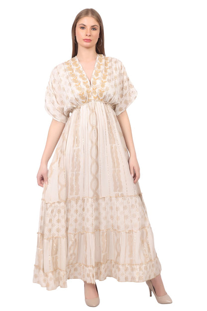 26477 Boho V-Neck Maxi Dress with Puff Sleeves & Tiered Hem