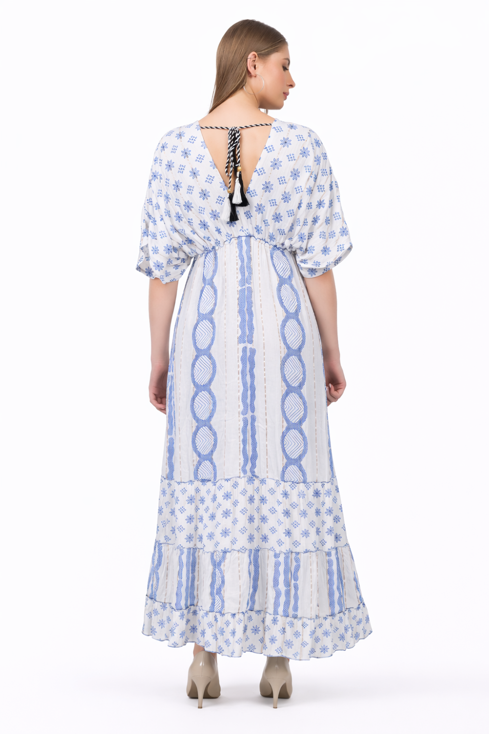 26477 Boho V-Neck Maxi Dress with Puff Sleeves & Tiered Hem