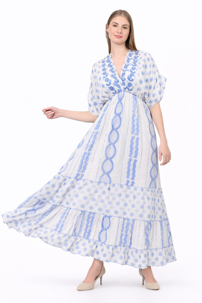 26477 Boho V-Neck Maxi Dress with Puff Sleeves & Tiered Hem