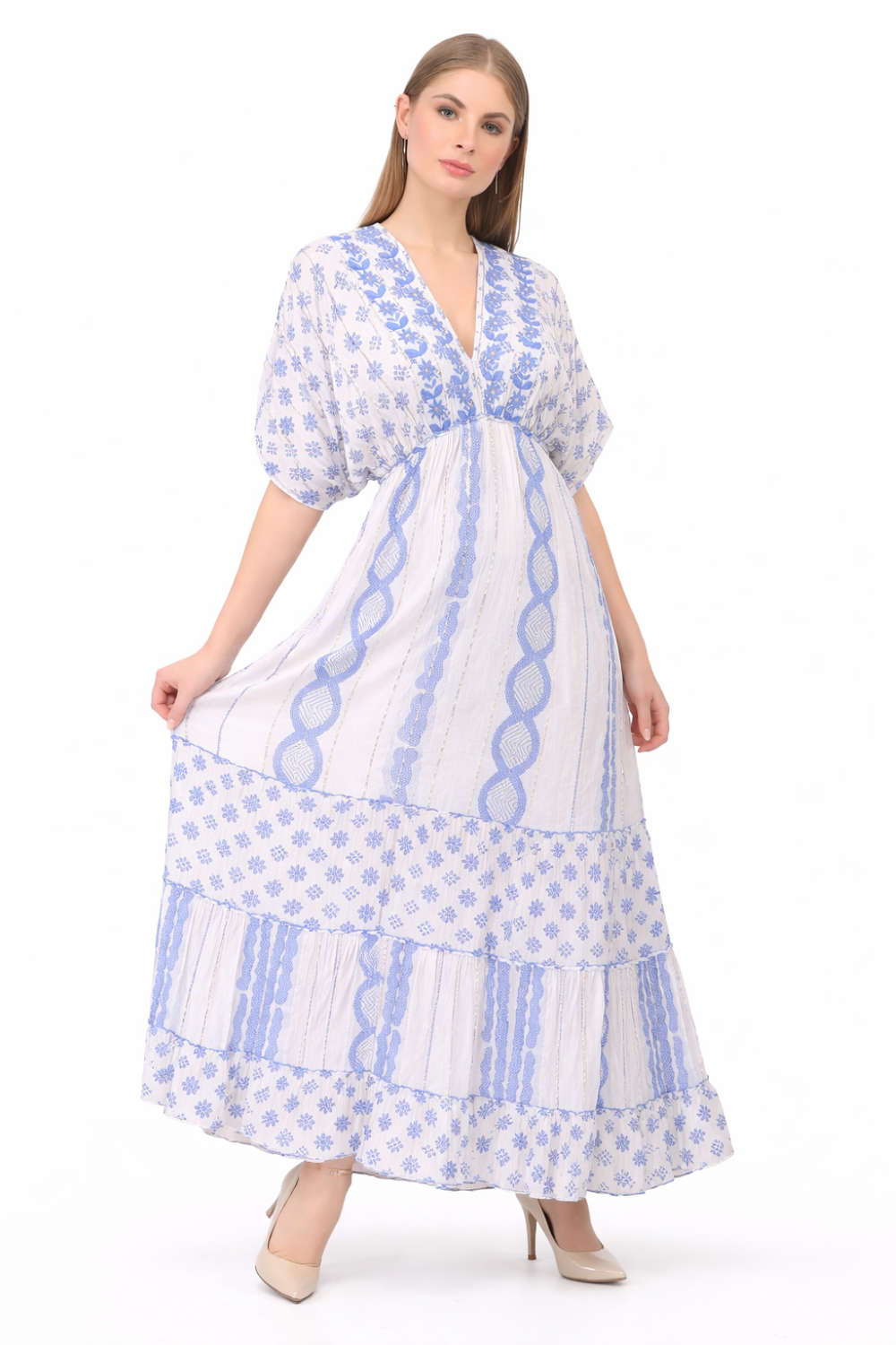 26477 Boho V-Neck Maxi Dress with Puff Sleeves & Tiered Hem