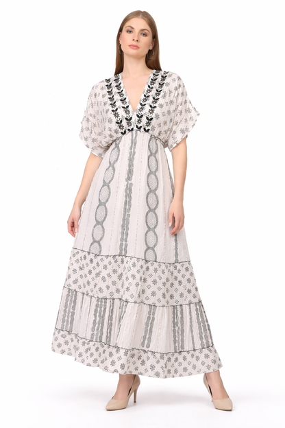 26477 Boho V-Neck Maxi Dress with Puff Sleeves & Tiered Hem