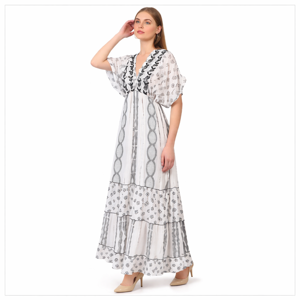 26477 Boho V-Neck Maxi Dress with Puff Sleeves & Tiered Hem