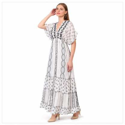 26477 Boho V-Neck Maxi Dress with Puff Sleeves & Tiered Hem
