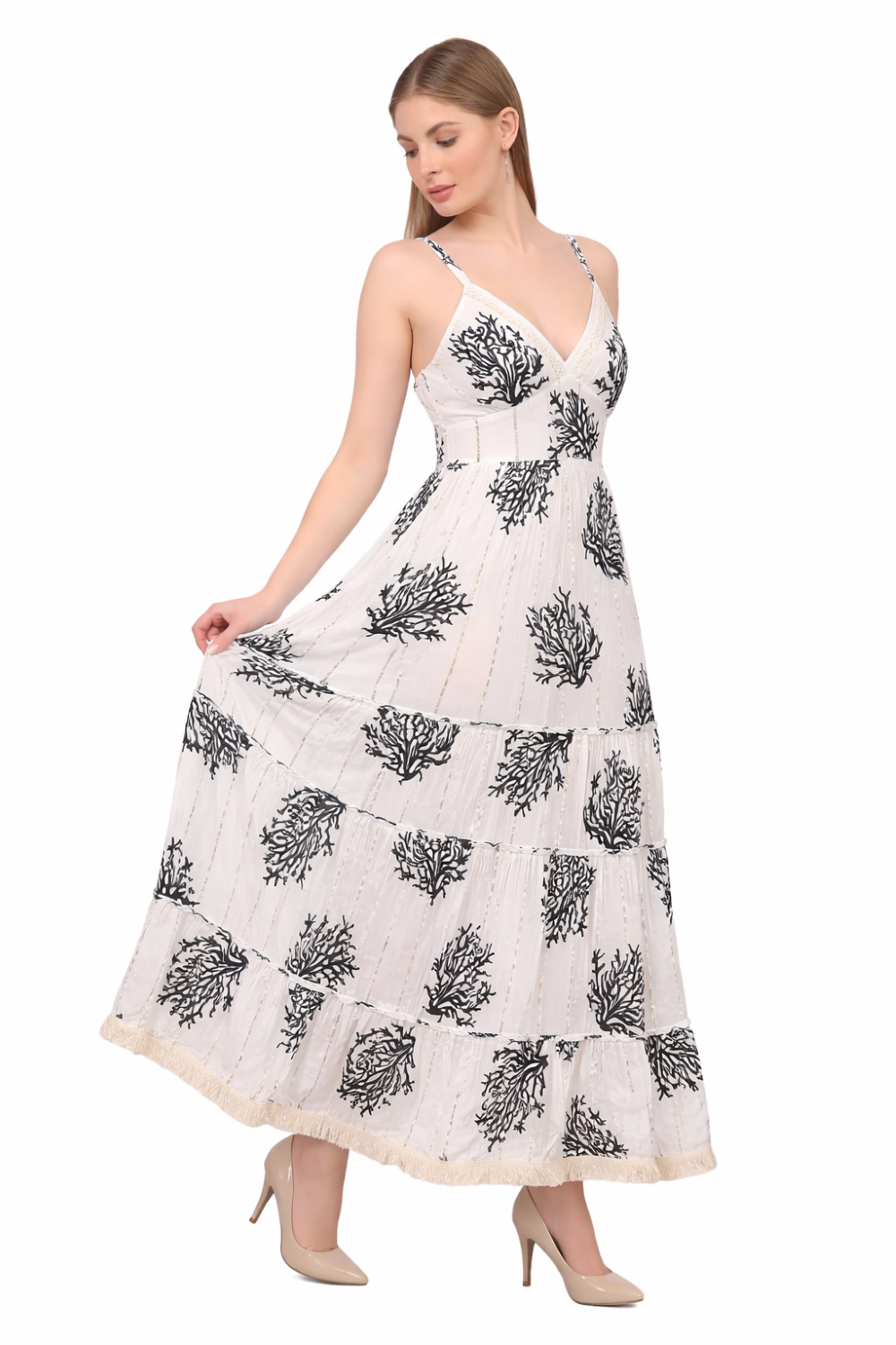 26475 Maxi Dress with Black Coral Print – Tiered Summer Boho Dress