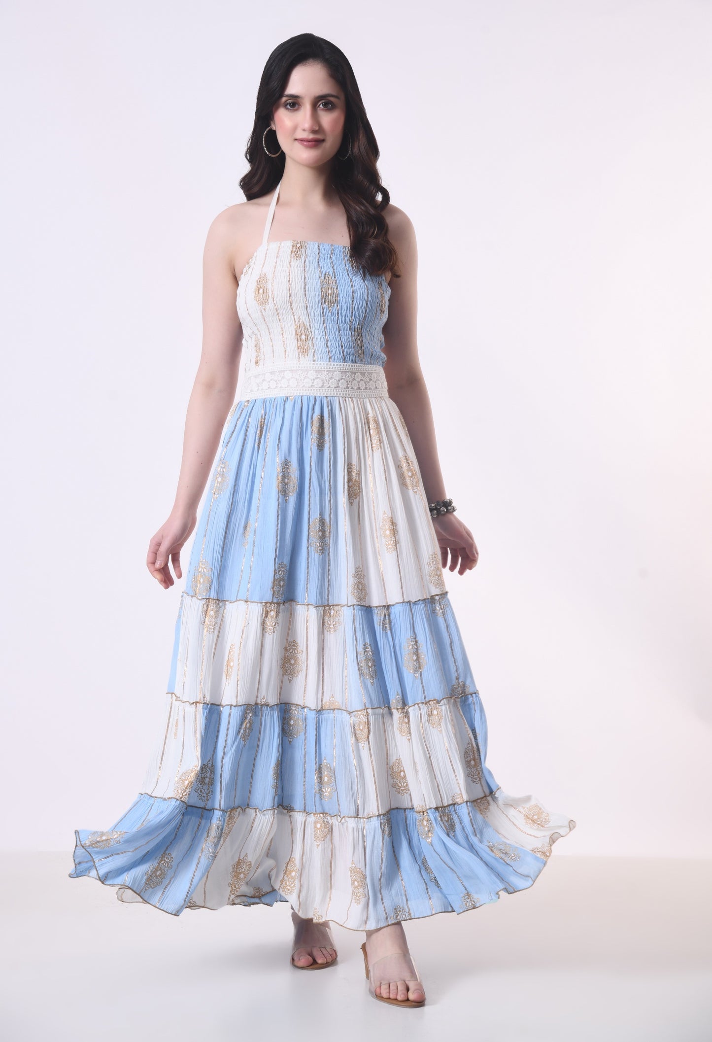 26431 Boho Tiered Maxi Dress – Lurex Rayon  Gold Print Halter Dress (Assorted Colors)