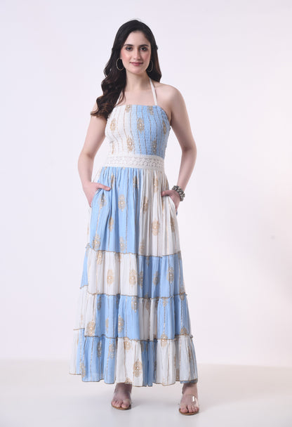 26431 Boho Tiered Maxi Dress – Lurex Rayon  Gold Print Halter Dress (Assorted Colors)