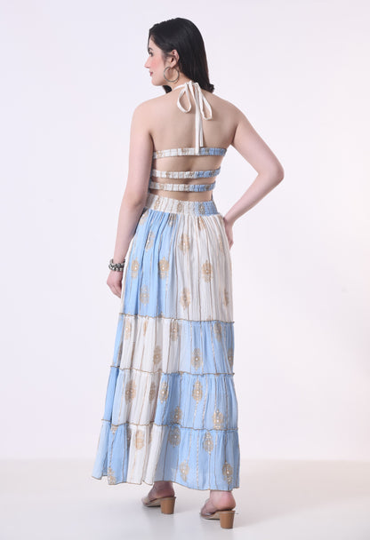 26431 Boho Tiered Maxi Dress – Lurex Rayon  Gold Print Halter Dress (Assorted Colors)