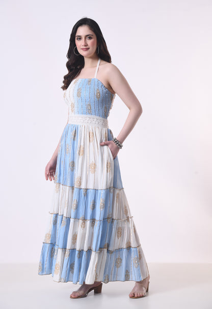 26431 Boho Tiered Maxi Dress – Lurex Rayon  Gold Print Halter Dress (Assorted Colors)