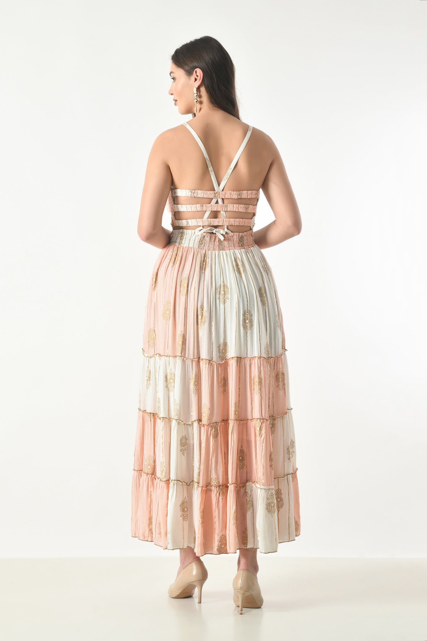 26431 Boho Tiered Maxi Dress – Lurex Rayon  Gold Print Halter Dress (Assorted Colors)