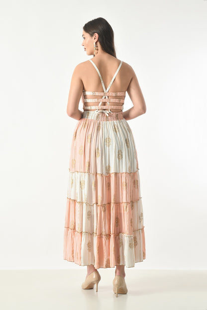 26431 Boho Tiered Maxi Dress – Lurex Rayon  Gold Print Halter Dress (Assorted Colors)