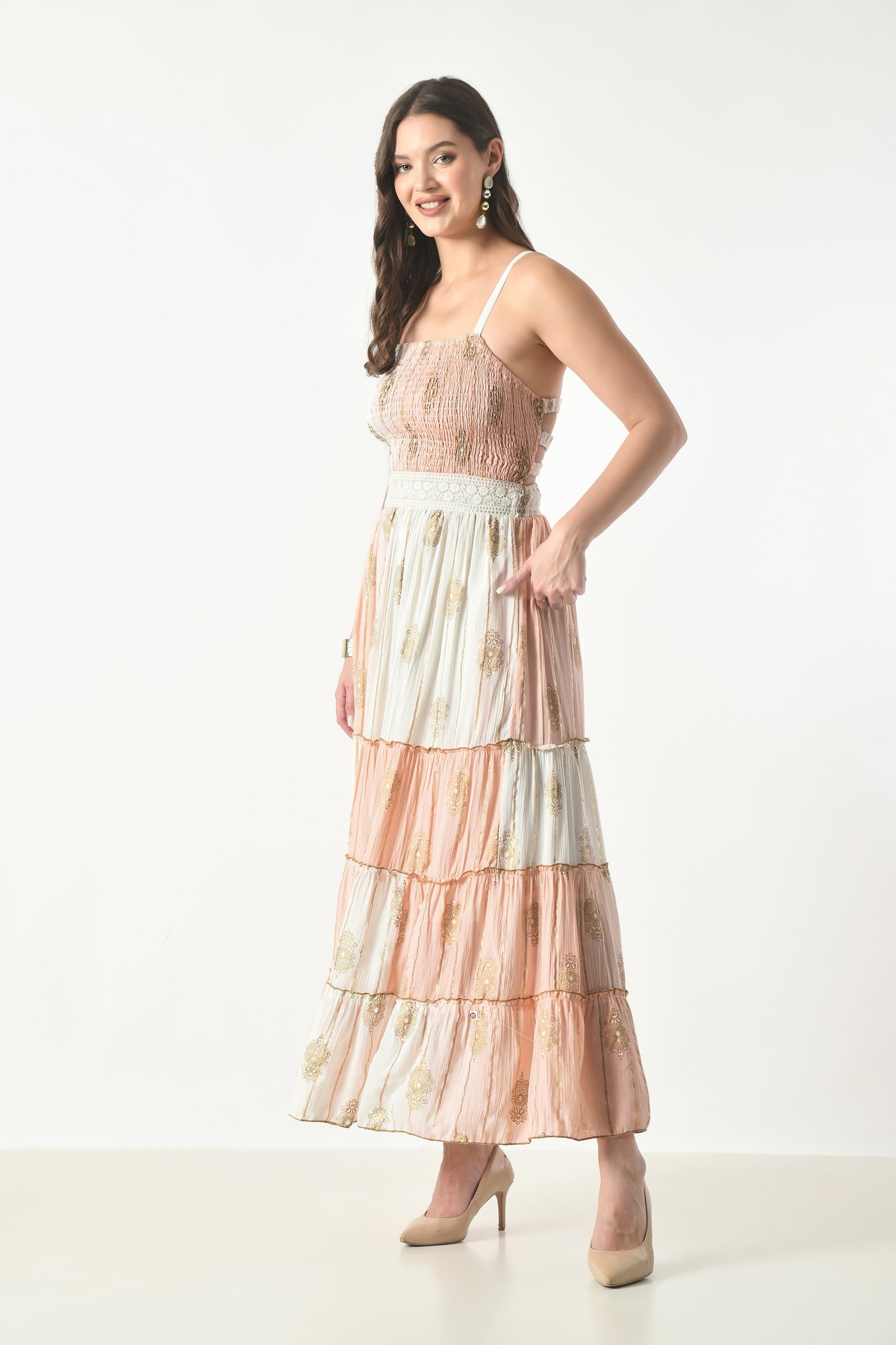 26431 Boho Tiered Maxi Dress – Lurex Rayon  Gold Print Halter Dress (Assorted Colors)