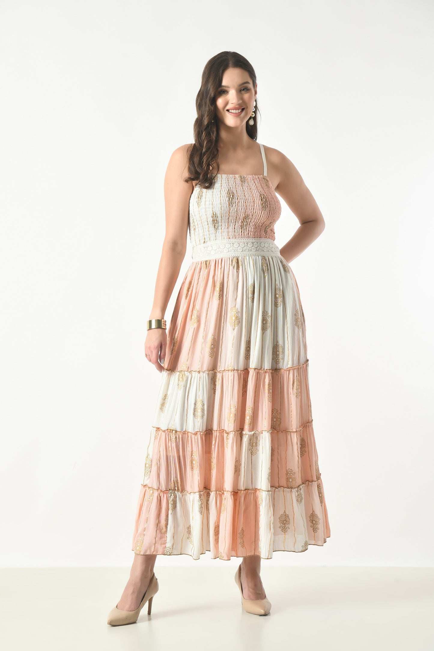 26431 Boho Tiered Maxi Dress – Lurex Rayon  Gold Print Halter Dress (Assorted Colors)