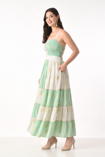 26431 Boho Tiered Maxi Dress – Lurex Rayon  Gold Print Halter Dress (Assorted Colors)