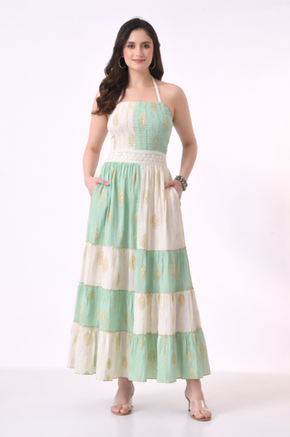 26431 Boho Tiered Maxi Dress – Lurex Rayon  Gold Print Halter Dress (Assorted Colors)