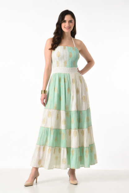 26431 Boho Tiered Maxi Dress – Lurex Rayon  Gold Print Halter Dress (Assorted Colors)