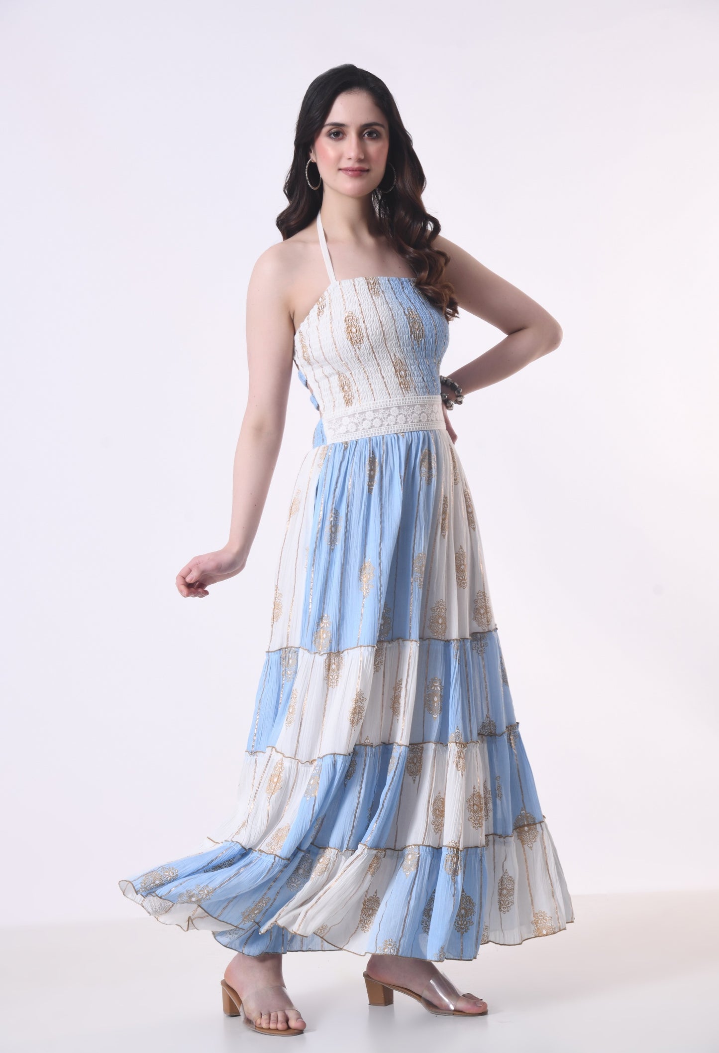 26431 Boho Tiered Maxi Dress – Lurex Rayon  Gold Print Halter Dress (Assorted Colors)