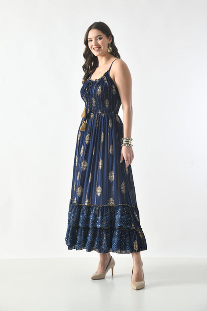 26432 Boho Smocked Maxi Dress with Gold Print – Adjustable Strap Summer Dress (Assorted Colors)