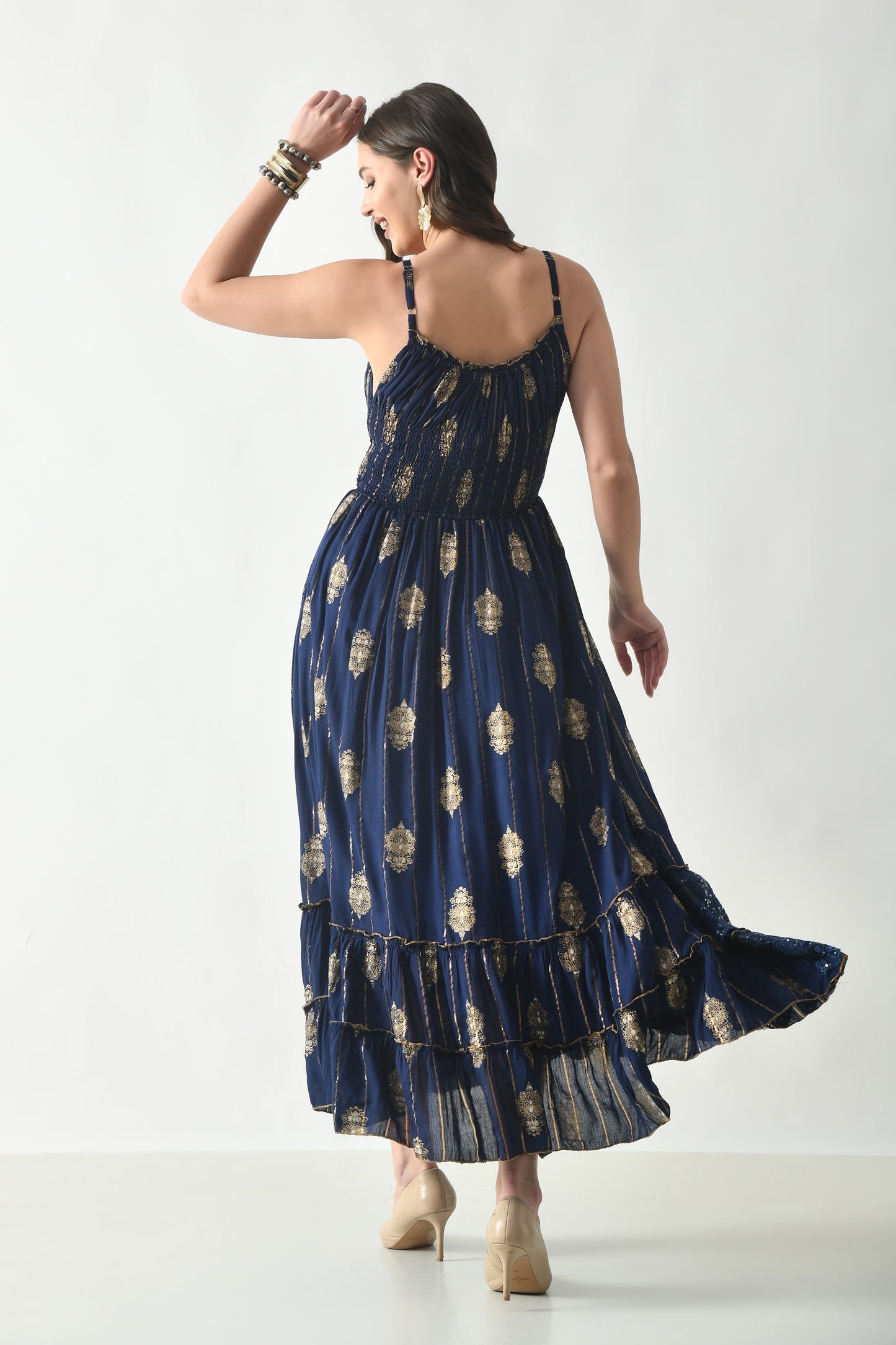 26432 Boho Smocked Maxi Dress with Gold Print – Adjustable Strap Summer Dress (Assorted Colors)