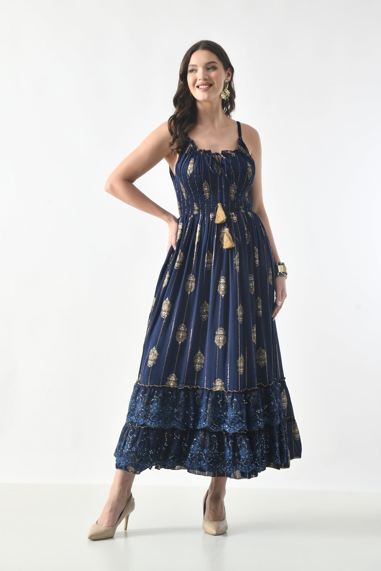 26432 Boho Smocked Maxi Dress with Gold Print – Adjustable Strap Summer Dress (Assorted Colors)