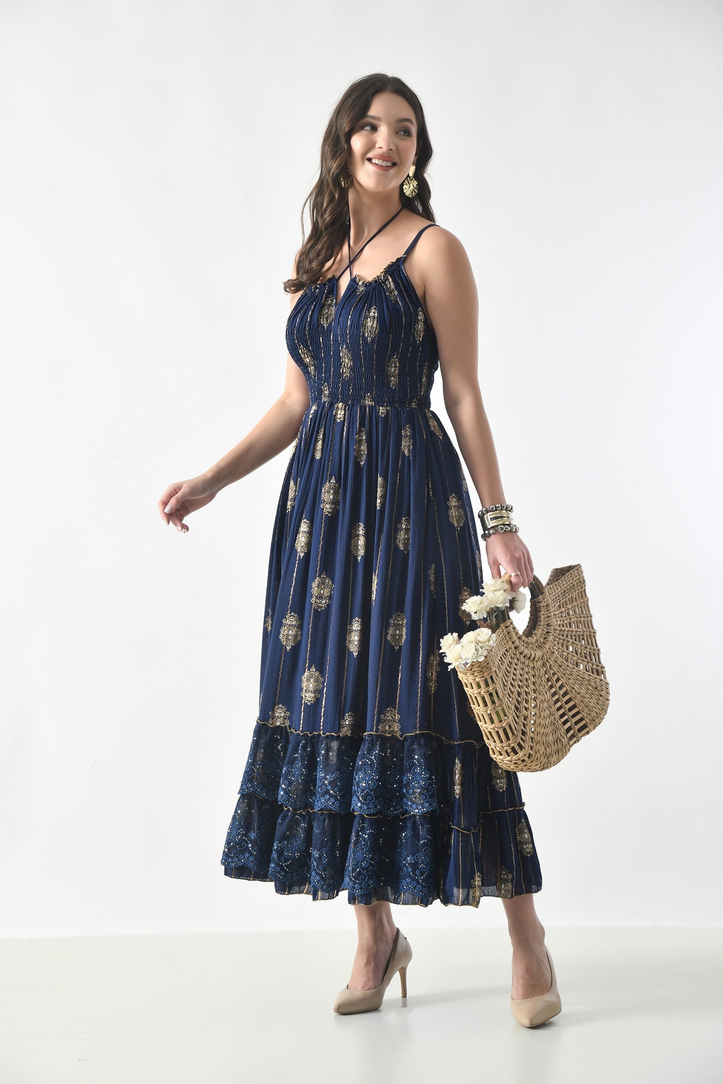 26432 Boho Smocked Maxi Dress with Gold Print – Adjustable Strap Summer Dress (Assorted Colors)
