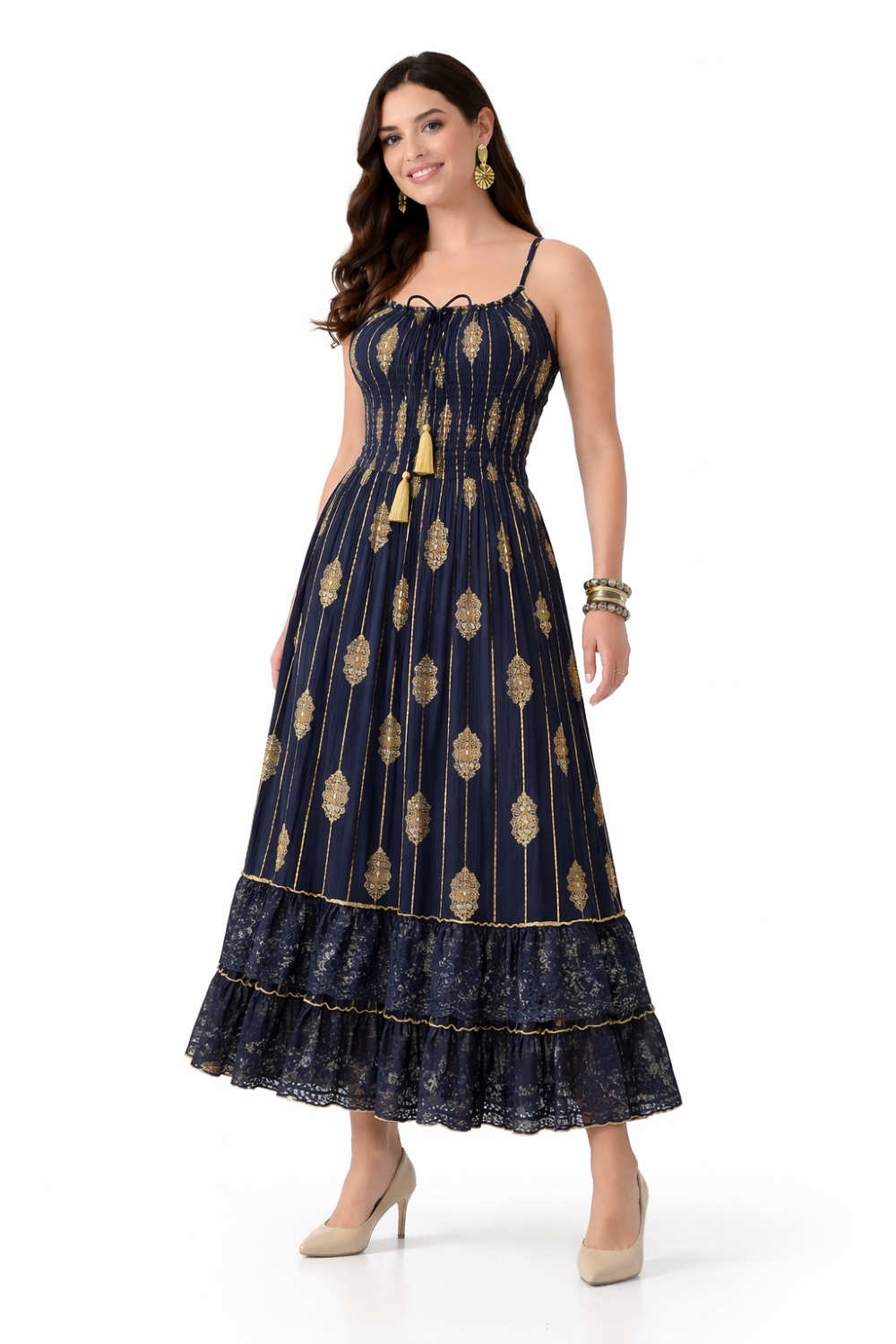 26432 Boho Smocked Maxi Dress with Gold Print – Adjustable Strap Summer Dress (Assorted Colors)