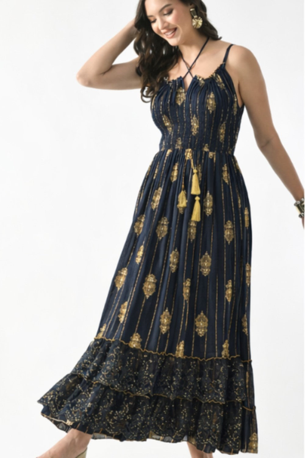 26432 Boho Smocked Maxi Dress with Gold Print – Adjustable Strap Summer Dress (Assorted Colors)