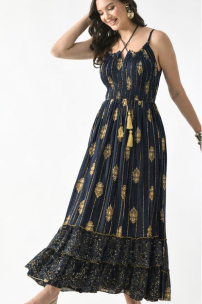26432 Boho Smocked Maxi Dress with Gold Print – Adjustable Strap Summer Dress (Assorted Colors)
