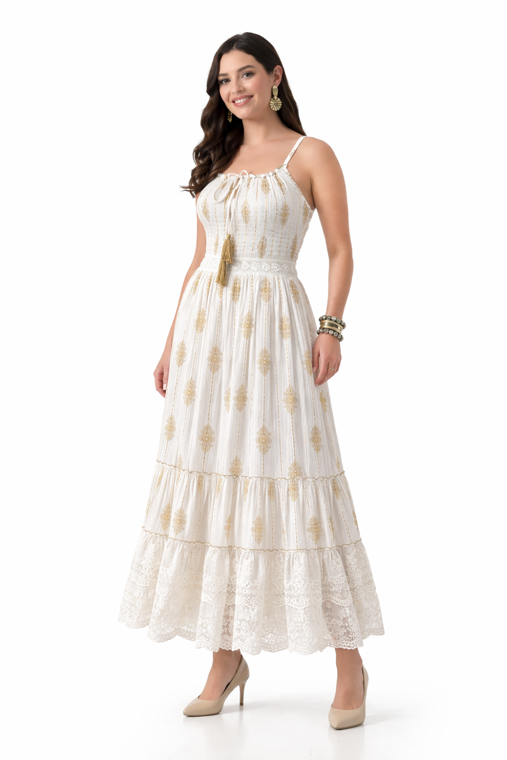 26432 Boho Smocked Maxi Dress with Gold Print – Adjustable Strap Summer Dress (Assorted Colors)