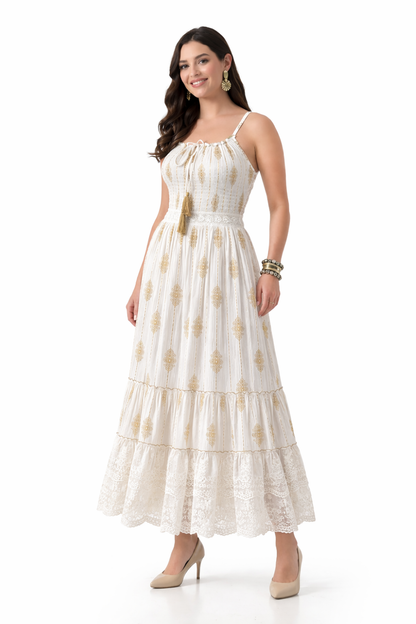 26432 Boho Smocked Maxi Dress with Gold Print – Adjustable Strap Summer Dress (Assorted Colors)