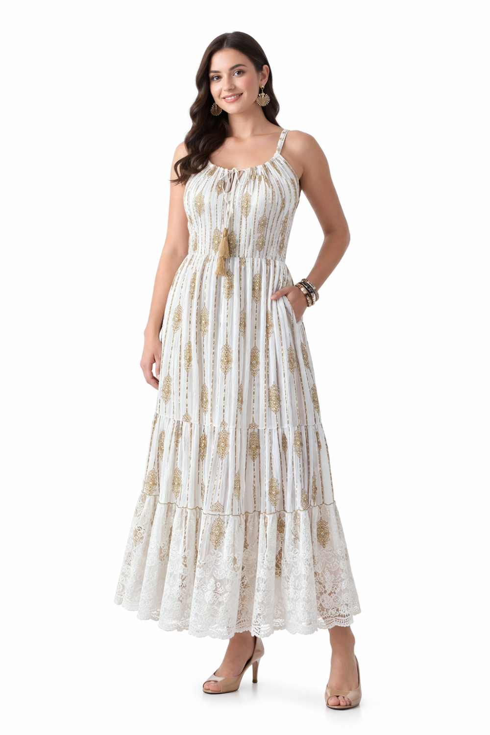 26432 Boho Smocked Maxi Dress with Gold Print – Adjustable Strap Summer Dress (Assorted Colors)