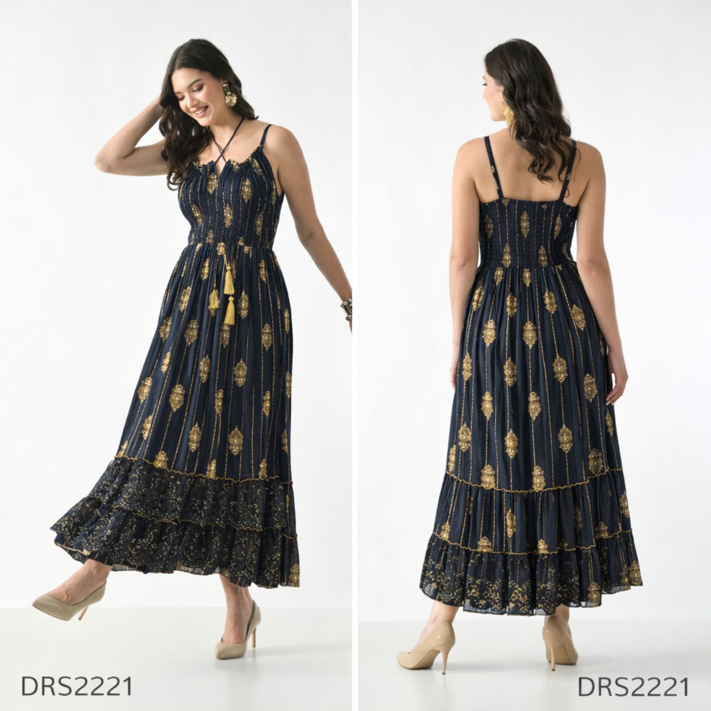 26432 Boho Smocked Maxi Dress with Gold Print – Adjustable Strap Summer Dress (Assorted Colors)