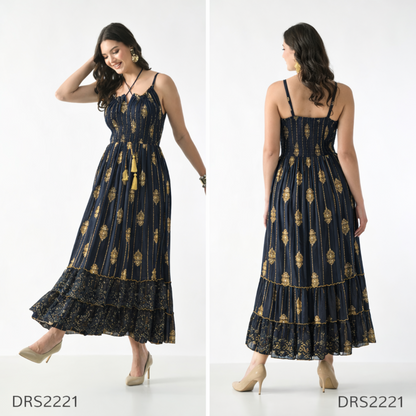 26432 Boho Smocked Maxi Dress with Gold Print – Adjustable Strap Summer Dress (Assorted Colors)