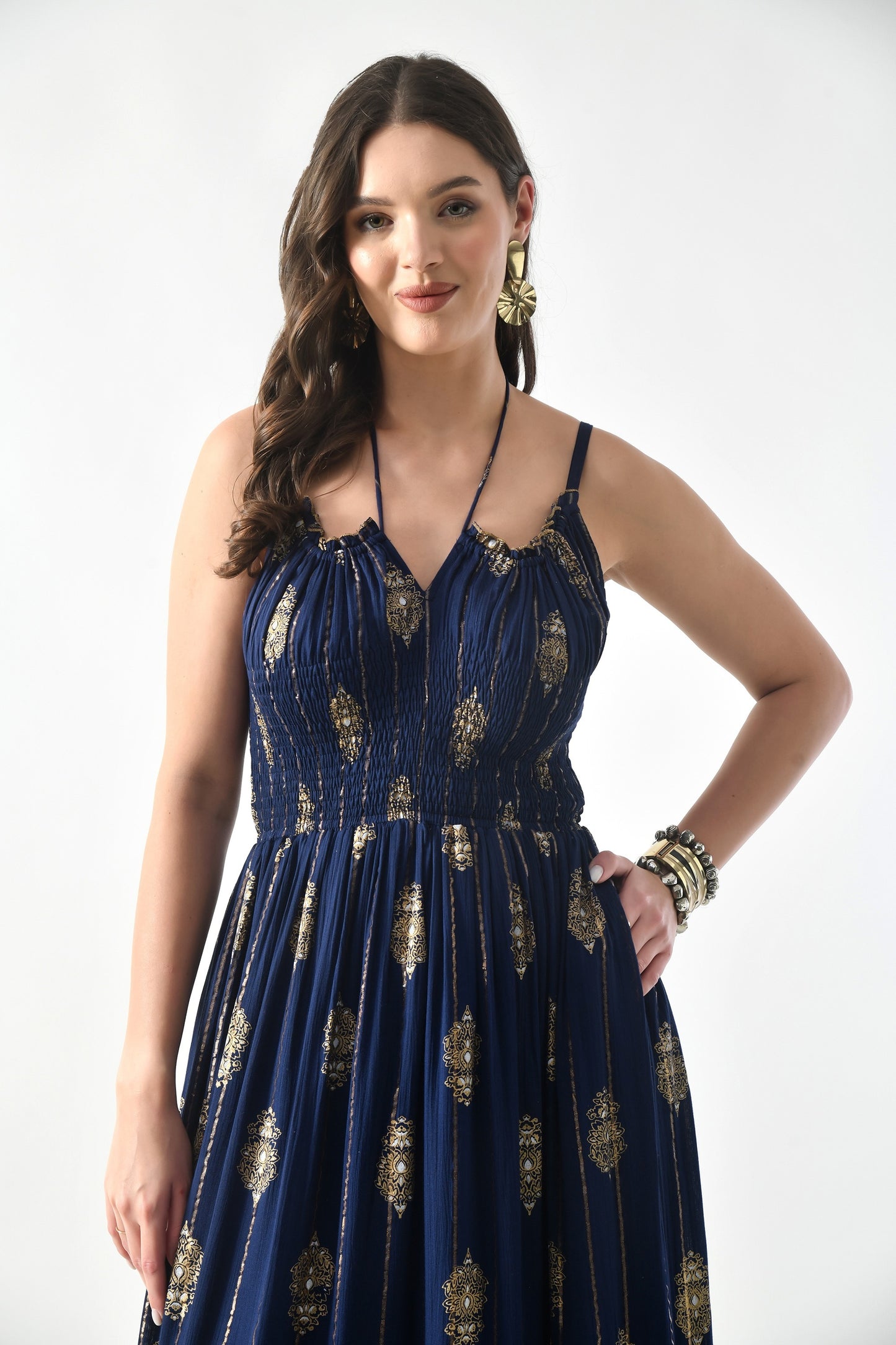26432 Boho Smocked Maxi Dress with Gold Print – Adjustable Strap Summer Dress (Assorted Colors)