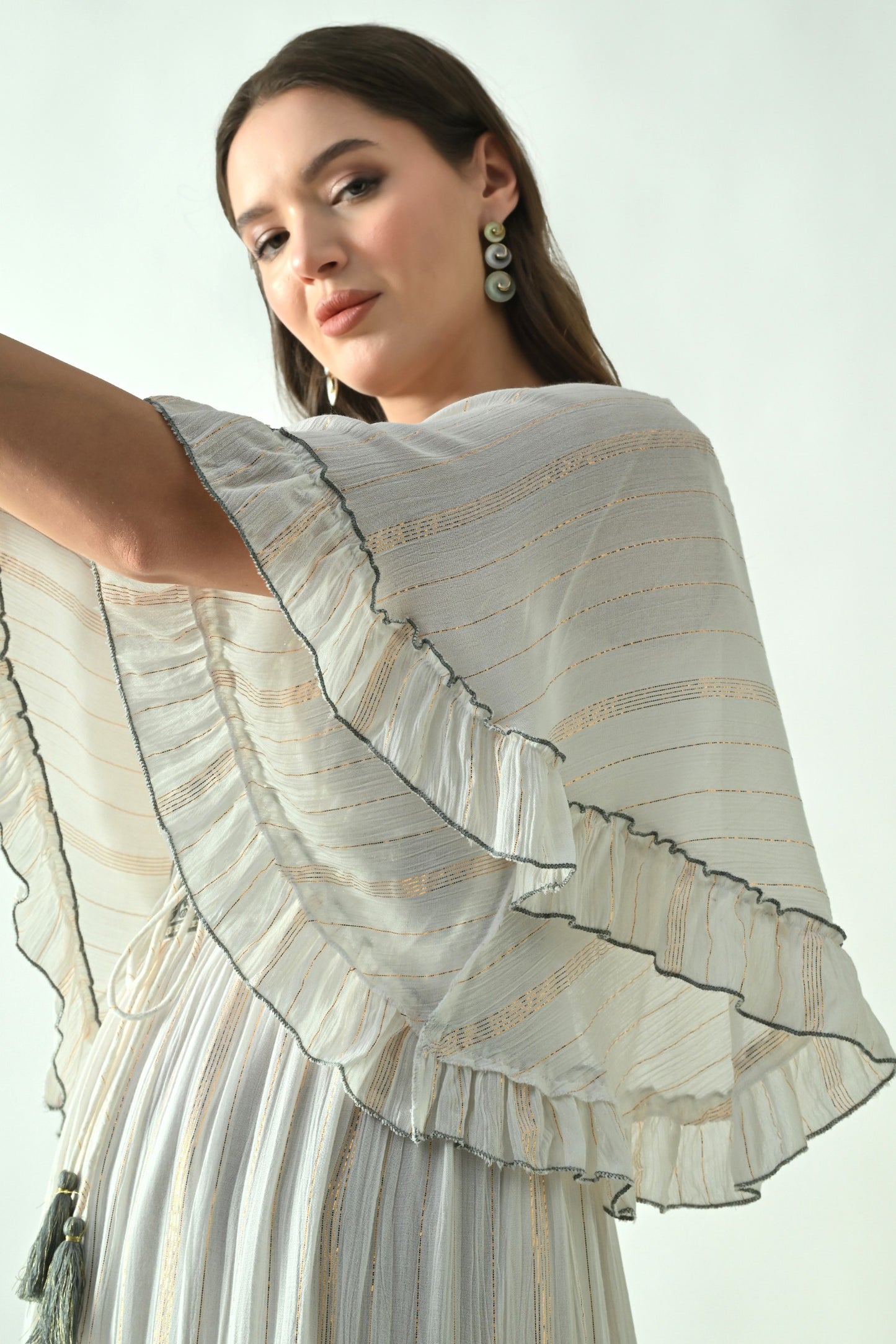 26434 Boho Embroidered Maxi Dress with Flutter Sleeves – V-Neck Tassel Tie Dress
