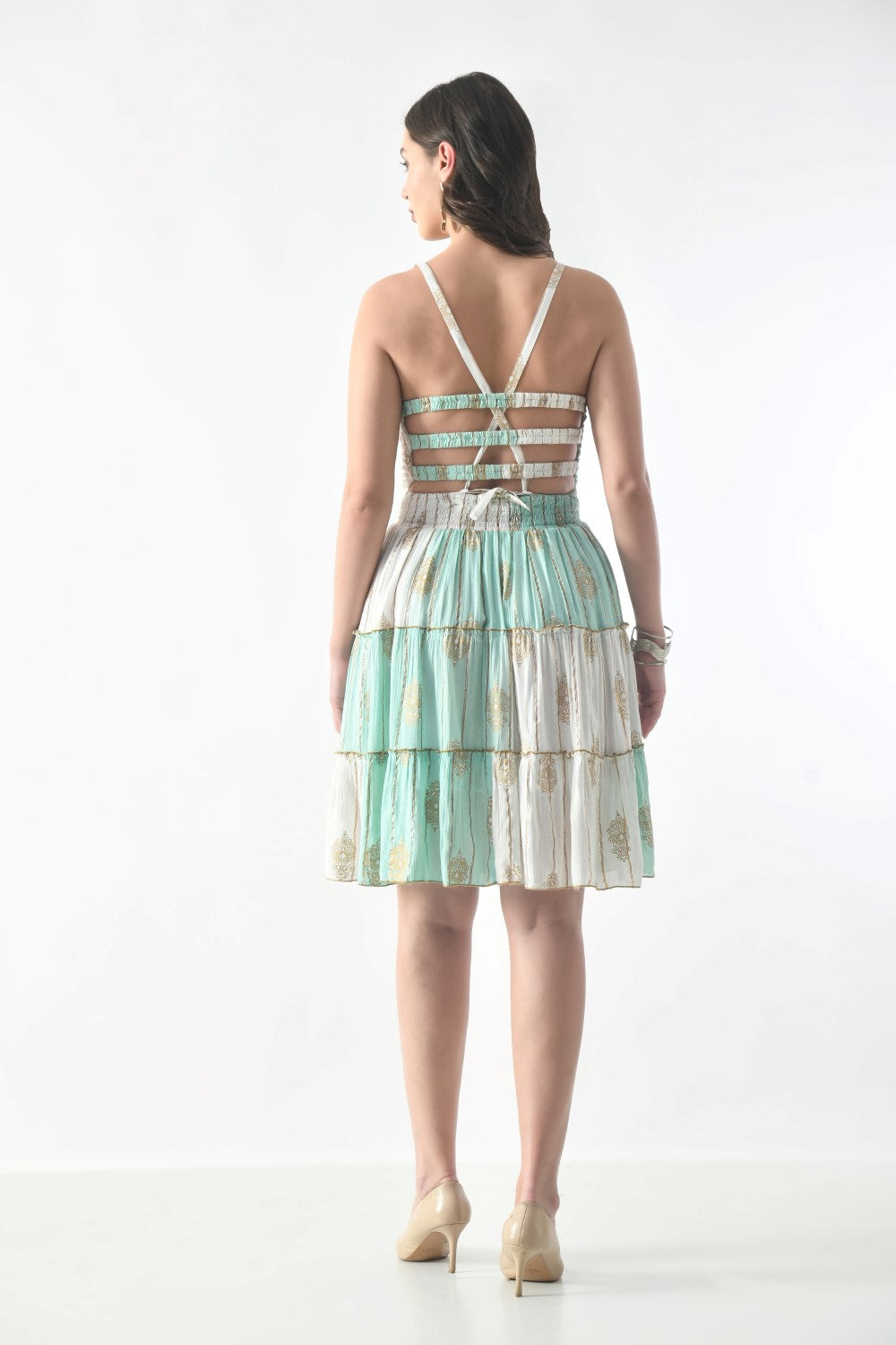 26467 Women's Smocked Halter Tiered Mini Dress – Assorted Colors with Gold Print