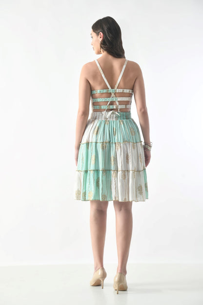 26467 Women's Smocked Halter Tiered Mini Dress – Assorted Colors with Gold Print