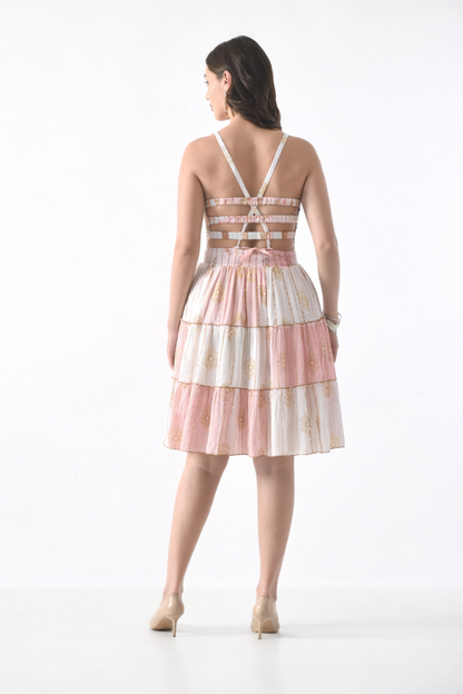26467 Women's Smocked Halter Tiered Mini Dress – Assorted Colors with Gold Print