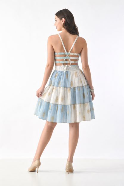 26467 Women's Smocked Halter Tiered Mini Dress – Assorted Colors with Gold Print
