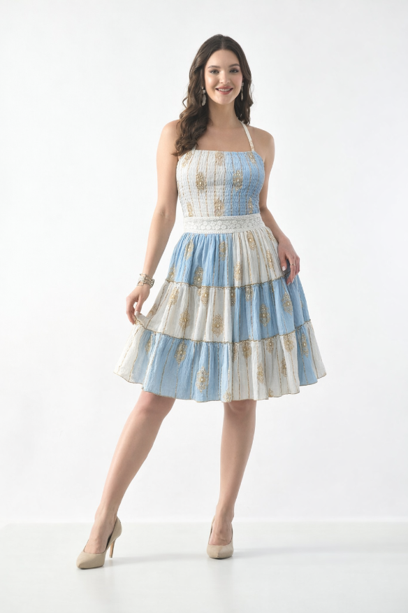 26467 Women's Smocked Halter Tiered Mini Dress – Assorted Colors with Gold Print