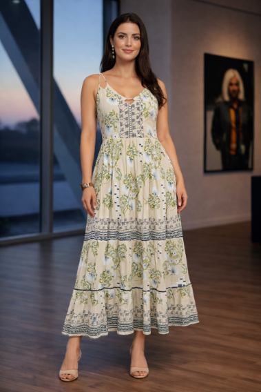 26419 Bohemian Floral Print Tiered Maxi Dress with Spaghetti Straps