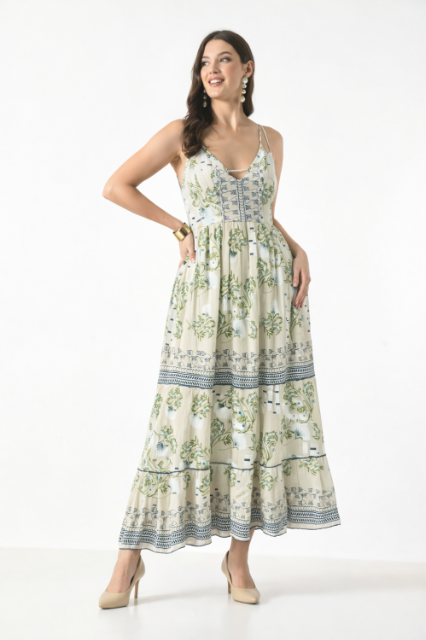 26419 Bohemian Floral Print Tiered Maxi Dress with Spaghetti Straps