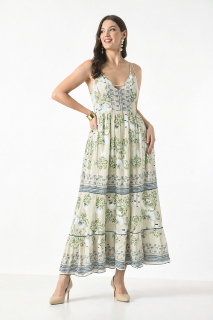 26419 Bohemian Floral Print Tiered Maxi Dress with Spaghetti Straps