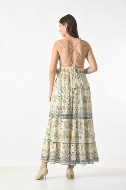 26419 Bohemian Floral Print Tiered Maxi Dress with Spaghetti Straps